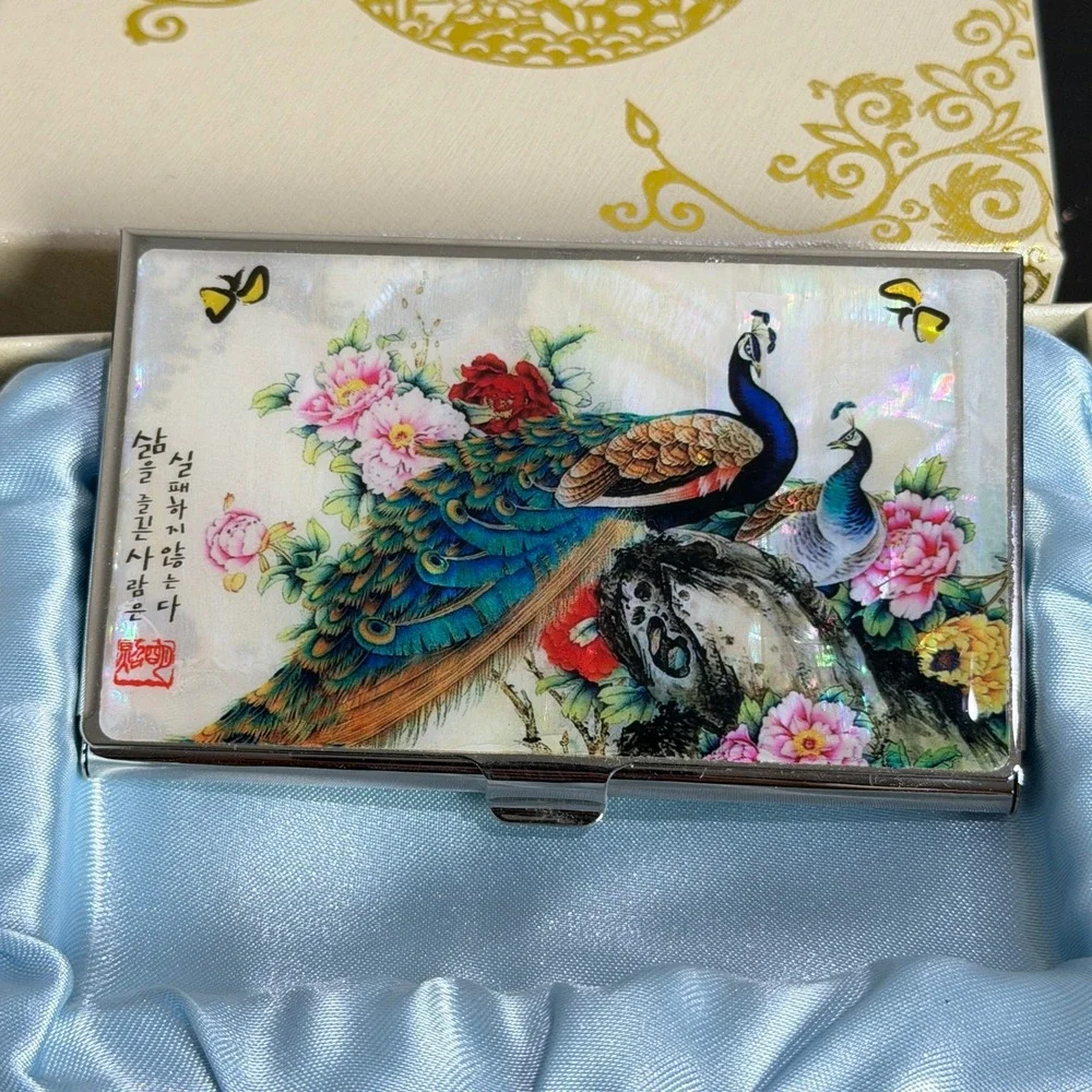 Korean Mother of Pearl Peacock Business Card Holder Case Silver Tone Mirror Box